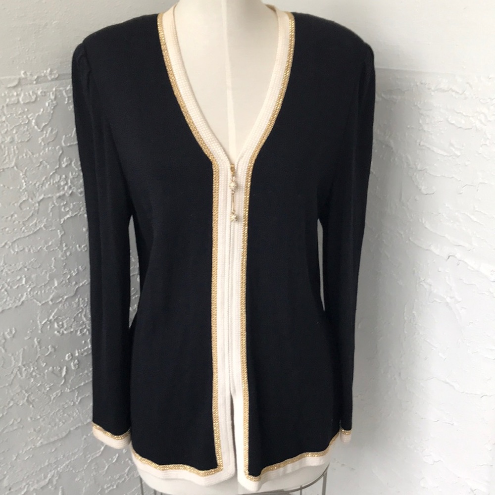 St. John Black Knit Zip-Front Utility Jacket with Cream & Gold Trim